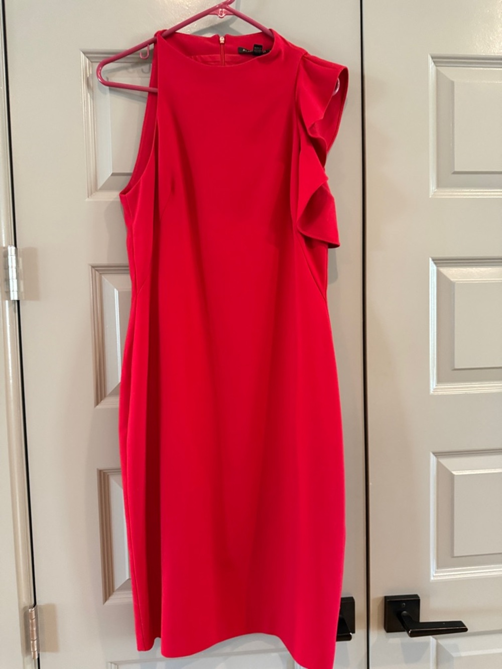 Black Halo Red Sleeveless Midi Dress with Shoulder Ruffle